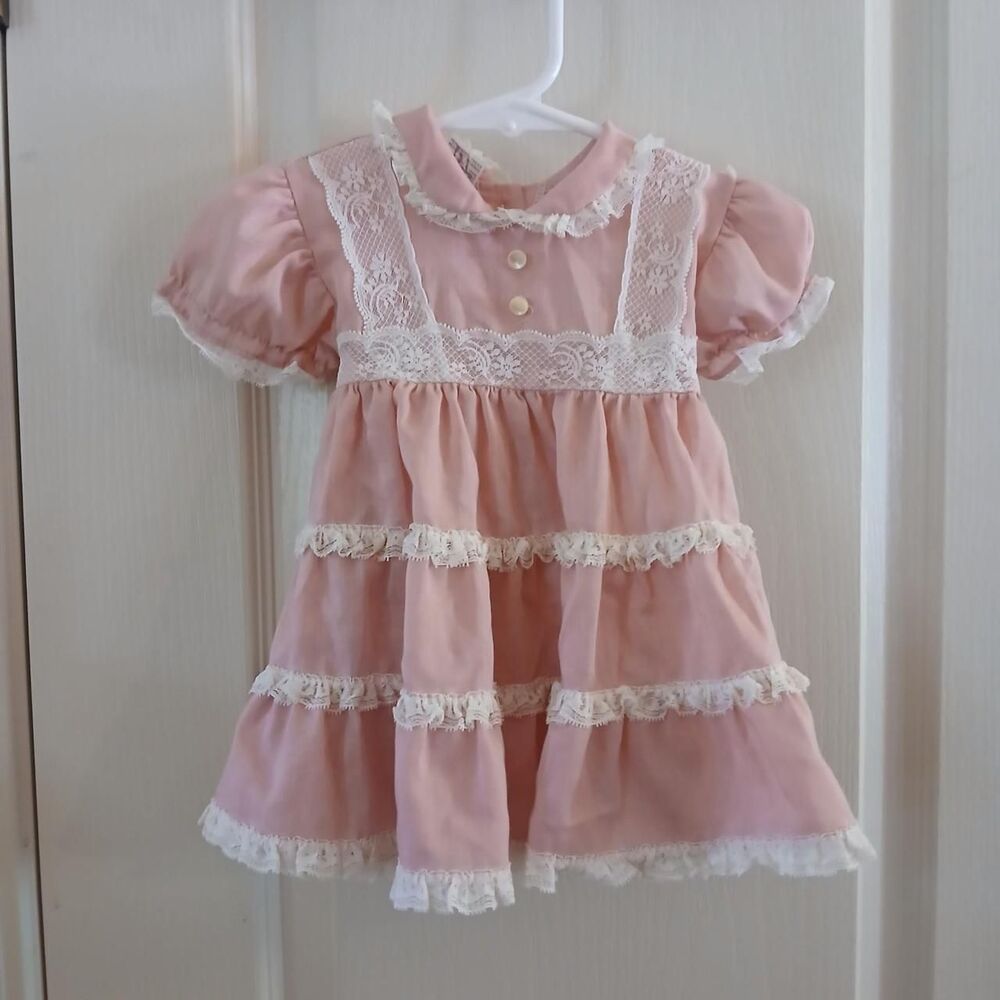 Vintage Mini World Tiered Pink Lace Trim Dress Baby 6-9 M Coquette Cottagecore